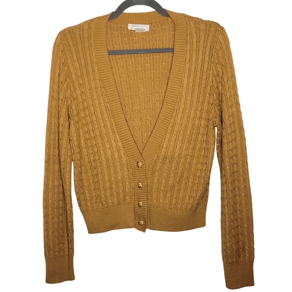 Vintage Cardigan Small Cable Knit Mustard Yellow Chunky V Neck Gold Button Retro